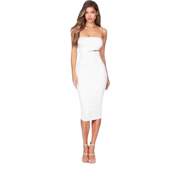 Nookie Dresses & Skirts - Nookie Tia Midi Dress White Strapless Ruched Gold Chain Cutout‎ Size S